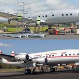 Vorher und nachher: Seit den 80er Jahren stand die viermotorige Propellermaschine am Flughafen Auburn-Lewiston in Bundesstaat Maine. Zuletzt diente sie der Lufthansa-Technik als Ersatzteillieferant für die Restaurierung einer weiteren Maschine, die sich noch dort befindet.