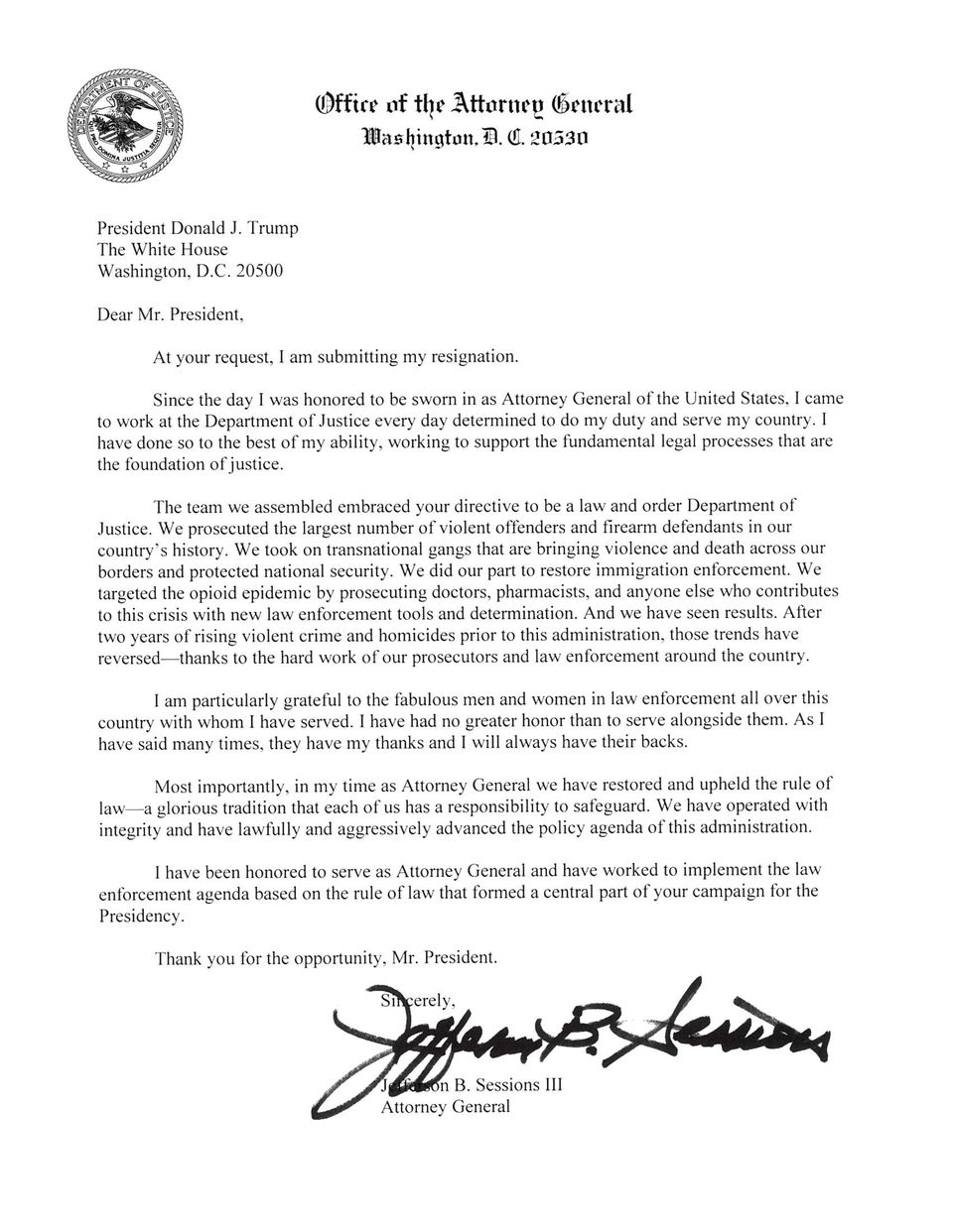 Das schriftliche Rücktrittsersuchen von Justizminister Jeff Sessions an US-Präsident Donald Trump Das schriftliche Rücktrittsersuchen von Justizminister Jeff Sessions an US-Präsident Donald Trump
