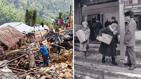 Links: Erdbebenkatastrophe in Nepal 2015. Rechts: notleidende Menschen in Russland 1990