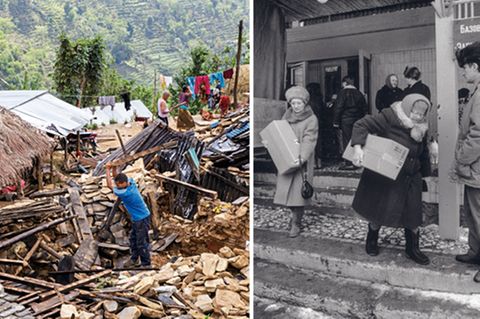 Links: Erdbebenkatastrophe in Nepal 2015. Rechts: notleidende Menschen in Russland 1990