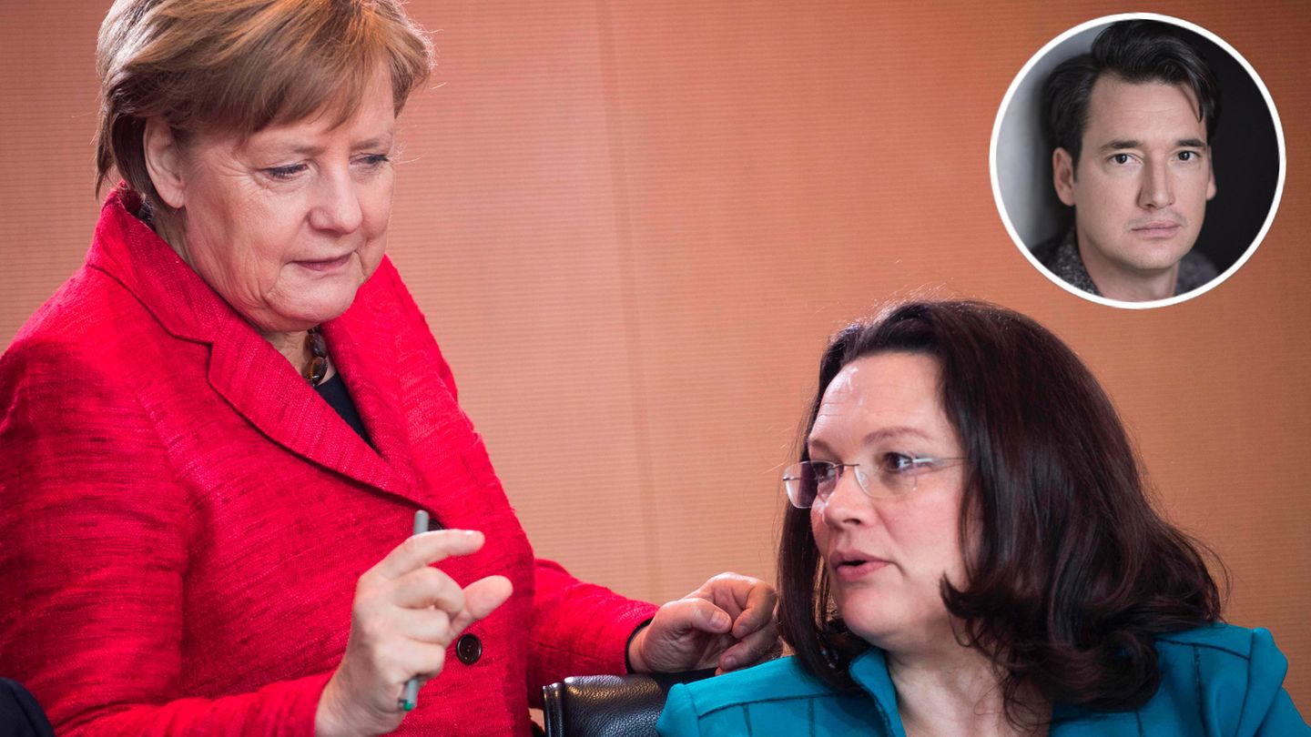 Angela Merkel (CDU) und Andrea Nahles (SPD) und Gastautor Andreas Barthelmess (Kreis oben rechts)