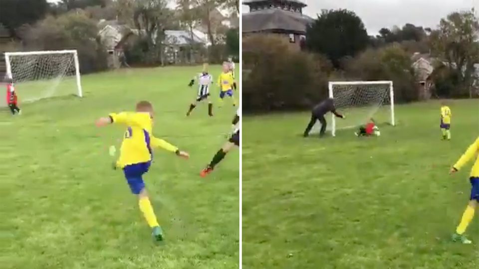 Fußball: Damit kein Tor fällt: Vater schubst Sohn in den Schuss Fußball: Damit kein Tor fällt: Vater schubst Sohn in den Schuss