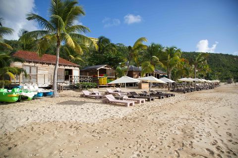 Sonnenliegen unter Palmen an einem Karibik-Strand