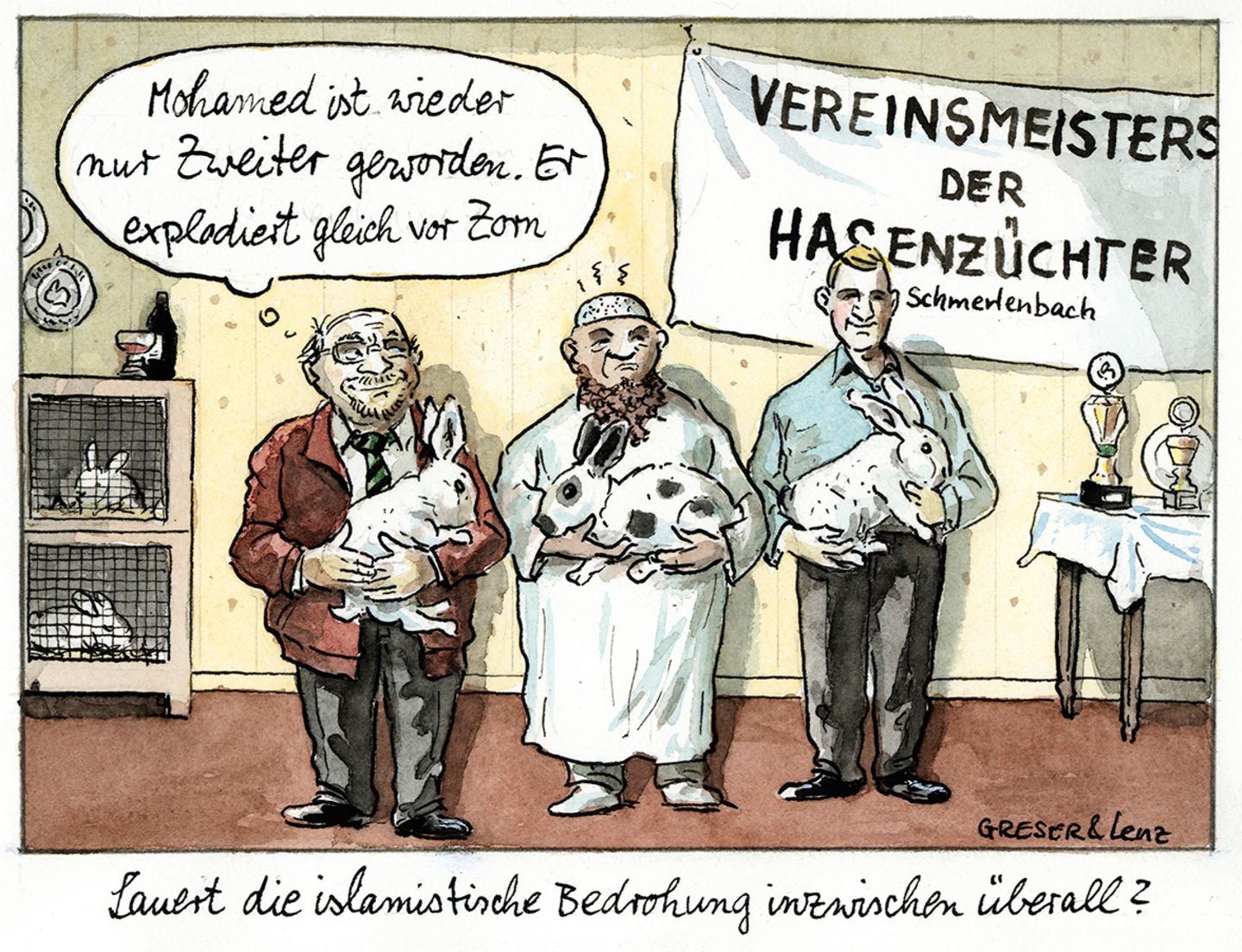 Geflügelter Bleistift in Gold.  Beste Einzelkarikatur. Greser & Lenz  "Hasenzüchter"