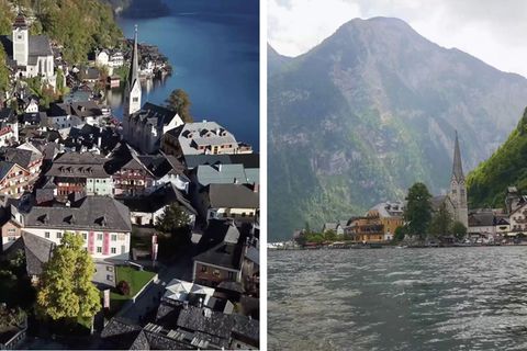 Eine Collage zeigt ein Bild einer Altstadt und einen See mit einer alten Kirche am anderen Ufer.