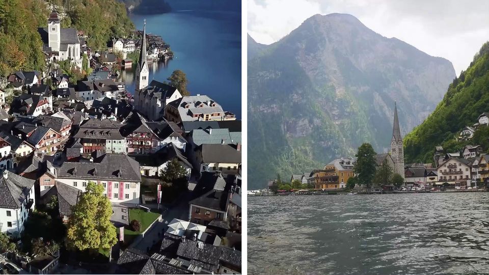 Eine Collage zeigt ein Bild einer Altstadt und einen See mit einer alten Kirche am anderen Ufer. Eine Collage zeigt ein Bild einer Altstadt und einen See mit einer alten Kirche am anderen Ufer.