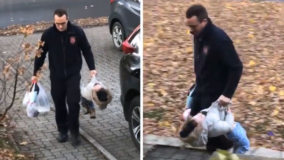 Witziges Video: Tochter will nicht selbst gehen - Vater lässt sich nicht aus der Ruhe bringen