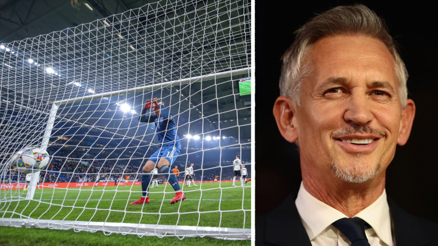 DFB-Torhüter Manuel Neuer schaut einem Ball im Netz nach, Engalnds Ex-Nationalspieler Gary Lineker