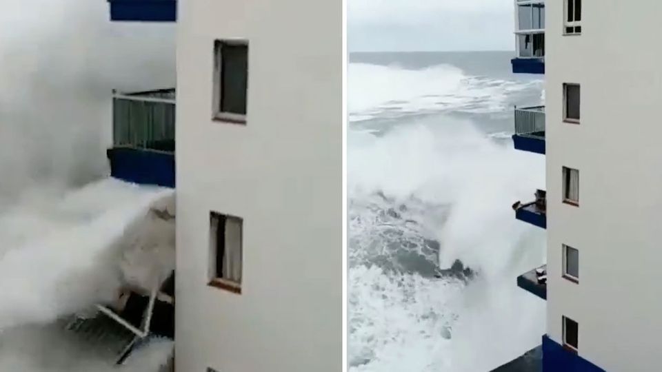 Teneriffa: Monsterwelle reißt Balkone von Hotelfassade