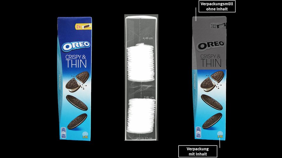 So sieht die Packung Oreo-Kekse im Röntgenbild aus. Die Kekse füllen nur etwa die Hälfte der Verpackung aus, der Rest sind Zwischenräume.