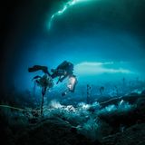 In 20 Meter Tiefe taucht Ballesta samt Crew. Eine Rettungsleine weist in der Dunkelheit unter den Eisschollen den Weg zum Einstieg