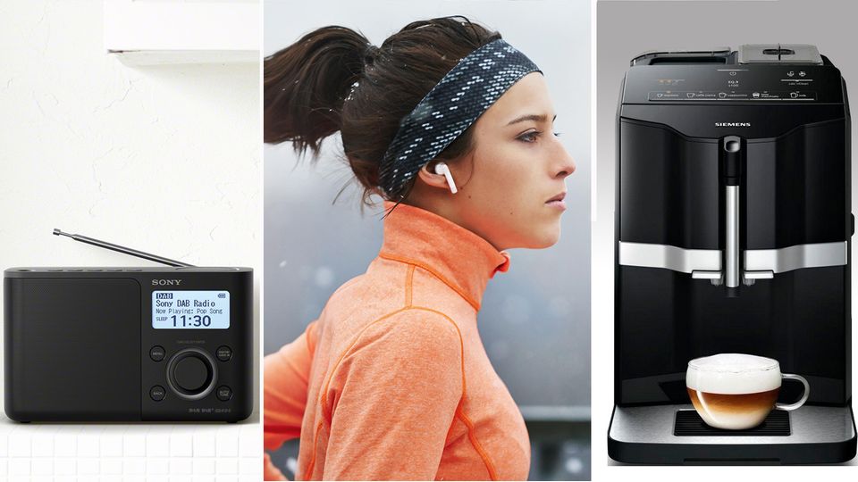 Eine Collage von drei Bildern, die ein Radio, eine Frau mit Bluetooth-Kopfhörern und eine Kaffeemaschine zeigt.
