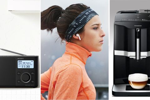Eine Collage von drei Bildern, die ein Radio, eine Frau mit Bluetooth-Kopfhörern und eine Kaffeemaschine zeigt.