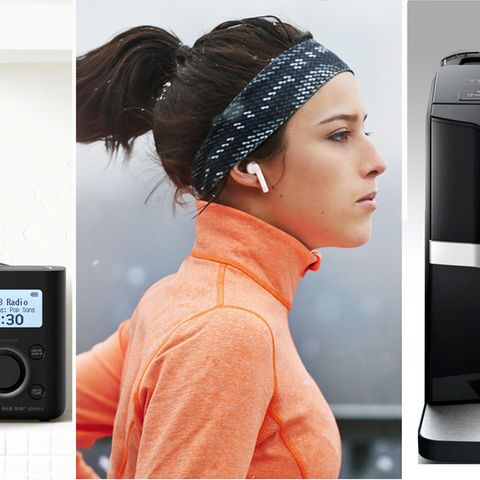 Eine Collage von drei Bildern, die ein Radio, eine Frau mit Bluetooth-Kopfhörern und eine Kaffeemaschine zeigt.