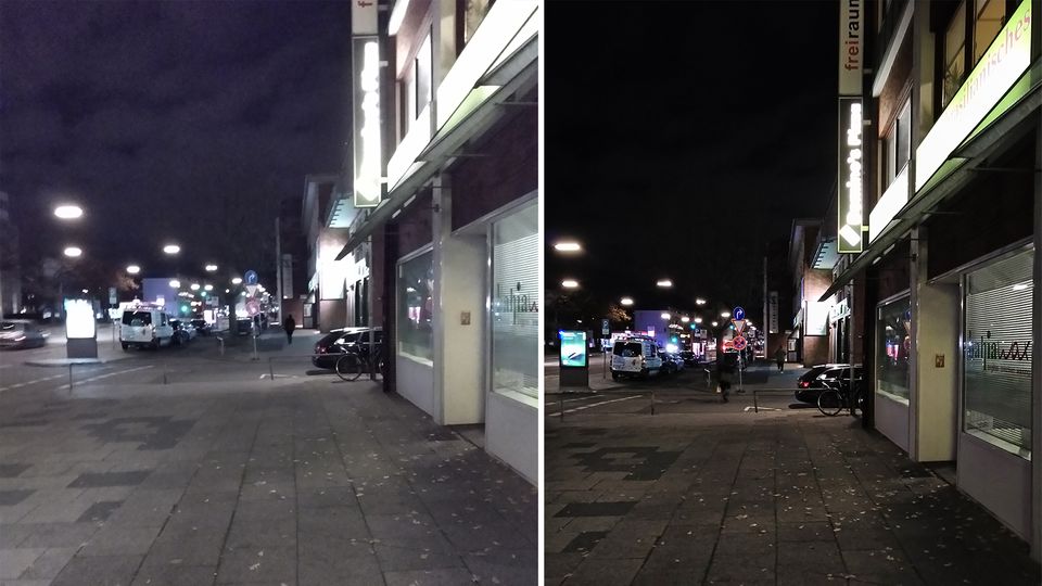 Während das Motorola One (links) bei Tageslicht gute Fotos macht, sind die Ergebnisse bei Nacht leider nicht besonders ansehnlich. Das Nokia 7.1 (rechts) liefert auch dann passable, wenn auch nicht gute Bilder