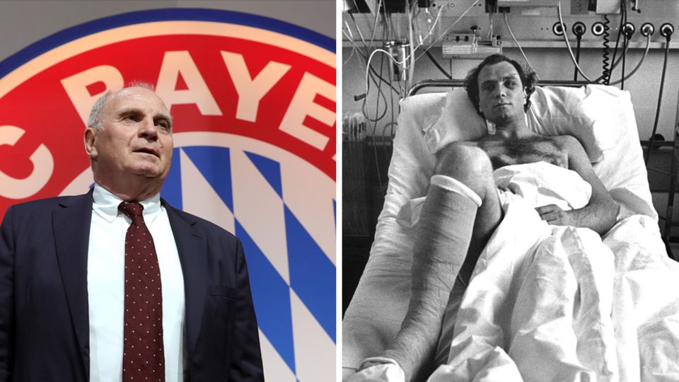 Links steht Uli Hoeneß im Anzug vor einem großen FC Bayern-Wappen, rechts liegt er als jüngerer Mann im Krankenhausbett