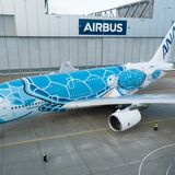 Der erste von drei bestellten Maschinen ist mit blauen Motiven von Meeresschildkröten bemalt