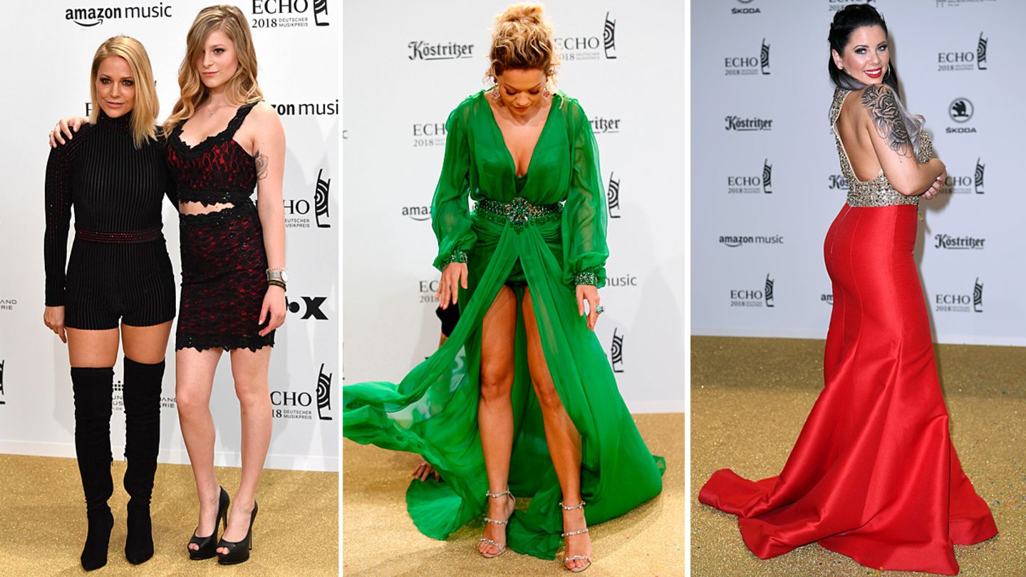 Stylewatch: Echo-Verleihung, Berlin Der Echo für Kollegah und Farid Bang war der unschöne Höhepunkt der diesjährigen Preisvergabe. Da gerieten die Outfits der weiblichen Gäste fast in den Hintergrund, dabei waren allerhand skurrile Looks dabei. Sängerin Michelle kam im Strampelanzug und mit Overknee-Stiefeln und hatte ihre Tochter Marie-Louise im Schlepptau. Sängerin Rita Ora (M.) kämpfte mit den Tücken ihres grünen Designerkleides und Dschungelkönigin Jenny Frankhauser (r.) präsentierte sich mit Strass, Schleppe und großflächigem Tattoo. Echo-Verleihung, Berlin Der Echo für Kollegah und Farid Bang war der unschöne Höhepunkt der diesjährigen Preisvergabe. Da gerieten die Outfits der weiblichen Gäste fast in den Hintergrund, dabei waren allerhand skurrile Looks dabei. Sängerin Michelle kam im Strampelanzug und mit Overknee-Stiefeln und hatte ihre Tochter Marie-Louise im Schlepptau. Sängerin Rita Ora (M.) kämpfte mit den Tücken ihres grünen Designerkleides und Dschungelkönigin Jenny Frankhauser (r.) präsentierte sich mit Strass, Schleppe und großflächigem Tattoo.