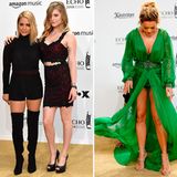 Echo-Verleihung, Berlin   Der Echo für Kollegah und Farid Bang war der unschöne Höhepunkt der diesjährigen Preisvergabe. Da gerieten die Outfits der weiblichen Gäste fast in den Hintergrund, dabei waren allerhand skurrile Looks dabei. Sängerin Michelle kam im Strampelanzug und mit Overknee-Stiefeln und hatte ihre Tochter Marie-Louise im Schlepptau. Sängerin Rita Ora (M.) kämpfte mit den Tücken ihres grünen Designerkleides und Dschungelkönigin Jenny Frankhauser (r.) präsentierte sich mit Strass, Schleppe und großflächigem Tattoo.