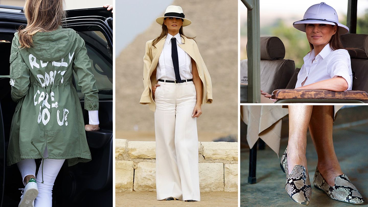 Melania Trump in Texas und Afrika  First Lady Melania Trump leistete sich in diesem Jahr mehrere modische Fehltritte. Zu erwähnen wäre ihre grüne Jacke mit der Aufschrift "I really don't care – do u?", die sie beim Besuch eines Flüchtlingsheims an der mexikanischen Grenze trug. Für Irritationen sorgten auch die Outfits während ihrer Afrikareise. In Kenia setzte sie sich einen weißen Tropenhelm auf den Kopf, der an die Kolonialzeit erinnerte, in Ghana präsentierte sie Schuhe aus Schlangenhaut und in Ägypten posierte sie vor den Pyramiden wie der "Indiana Jones"-Bösewicht Dr. René Belloq.