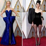 Oscar-Verleihung, Los Angeles  Etwas farbenfroher ging es dann bei den 90. Academy Awards zu. Nicole Kidman (l.) kam hübsch verpackt als blaues Paket, Jennifer Lawrence funkelte in goldenen Pailletten und Sängerin St. Vincent traute sich im kleinen Schwarzen auf den roten Teppich - für die Oscars definitiv zu nackt.