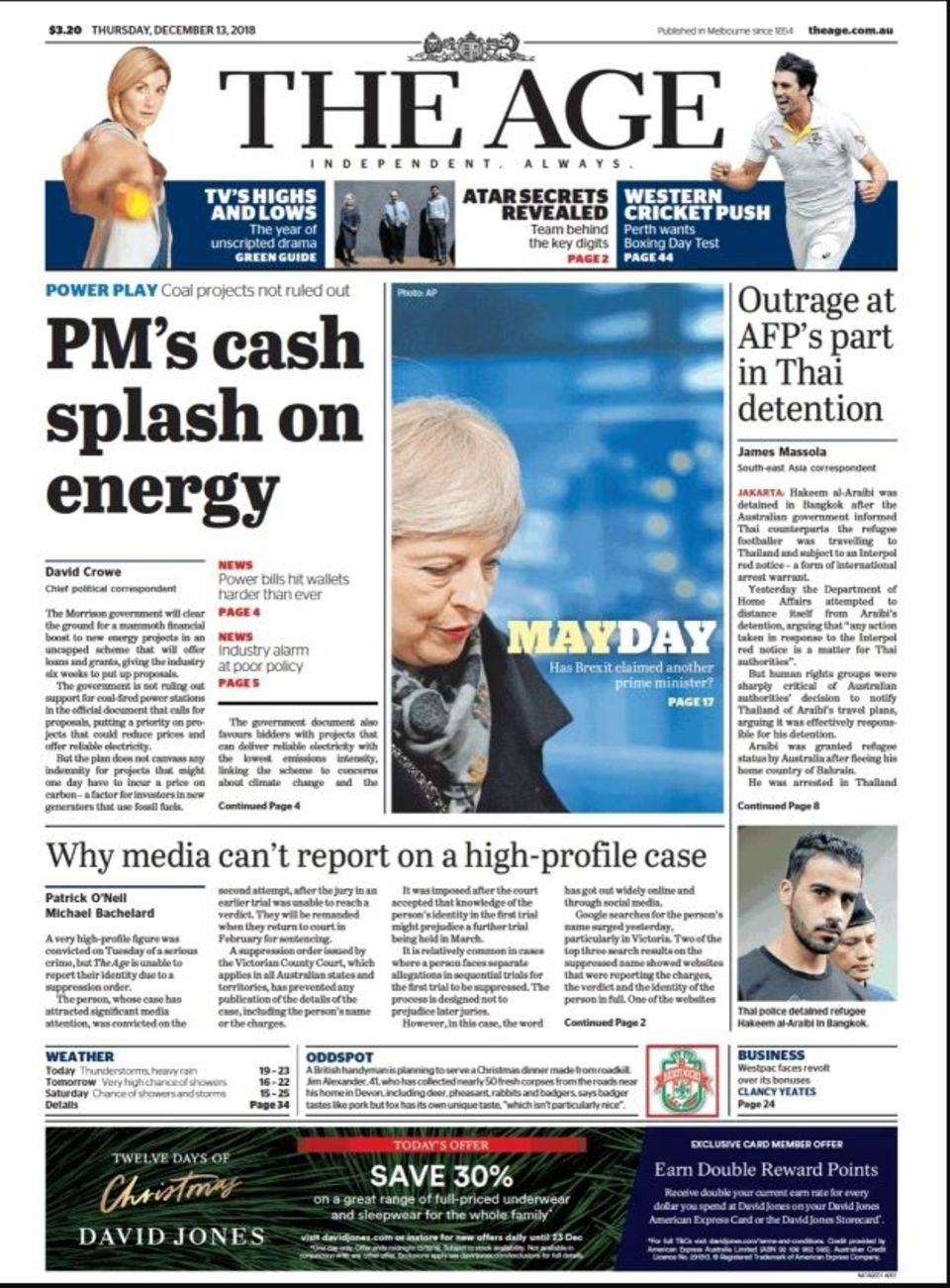 Die Titelseite von "The Age" Die Titelseite von "The Age"
