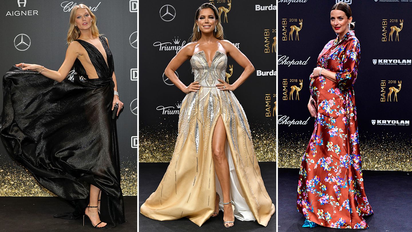 Bambi-Verleihung, Berlin  Wenn der Medienpreis Bambi verliehen wird, holen die Stars auch hierzulande die große Robe aus dem Schrank: Model Toni Garrn (l.) trotzte der kühlen Berliner Luft in einer freizügigen Kreation, Moderatorin Sylvie Meis (M.) kam im Ballkleid und Model Eva Padberg präsentierte stolz ihren Babybauch.