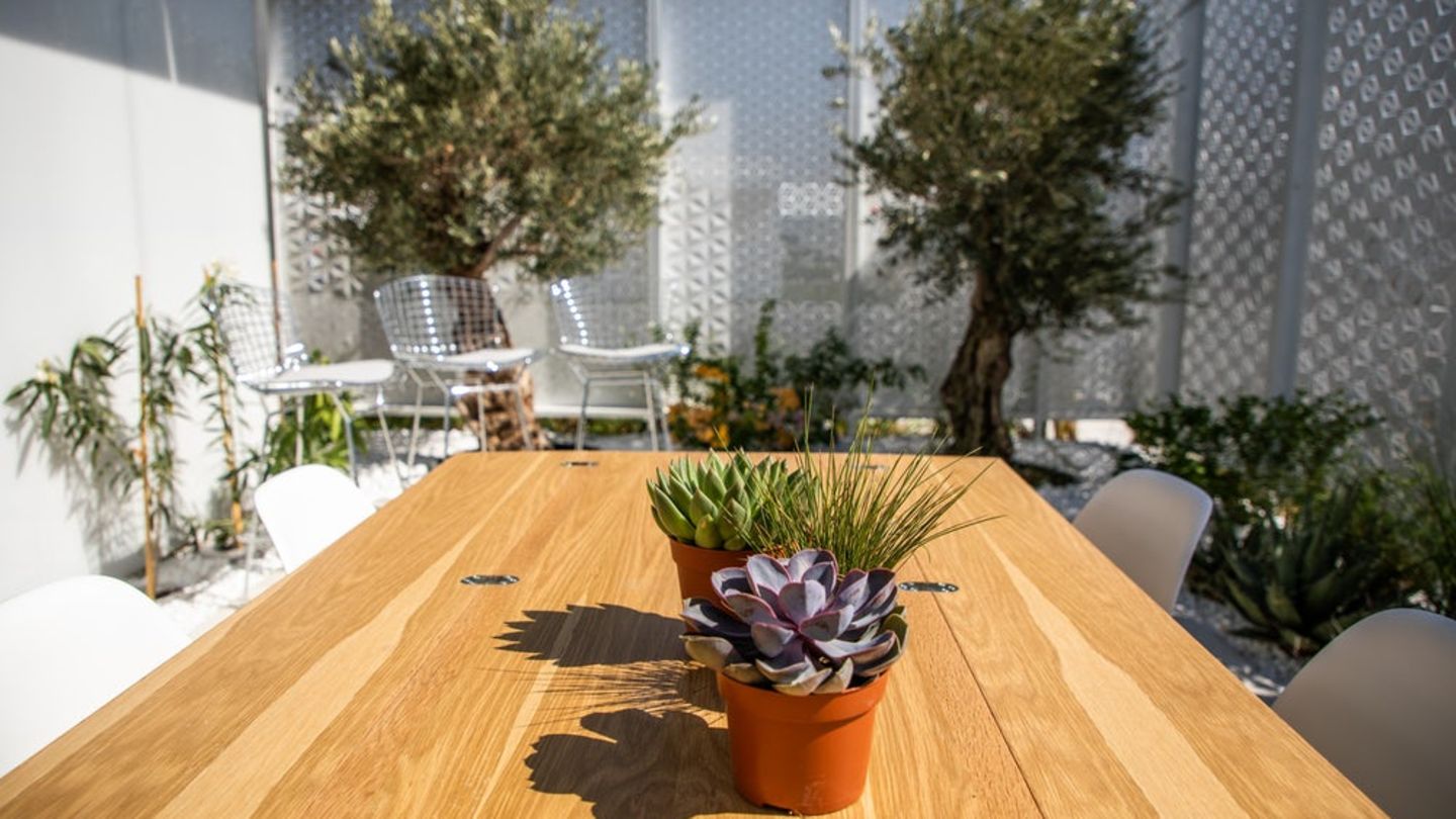 Der Terrassengarten wird von einer durchlässigen Wand abgeschirmt.