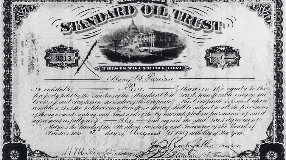 Eine Aktie von Standard Oil aus dem Jahre 1887, gezeichnet vom Firmengründer John D. Rockefeller. Der Unternehmer beherrschte mit Standard Oil zeitweise 90 Prozent des US-Ölmarktes, Basis des sagenhaften und sprichwörtlichen Reichtums der Rockefellers. 