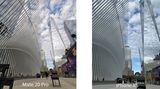 Weitwinkel-Kamera: Zwei Hochkant-Aufnahmen nebeneinander. Beim Huawei Mate 20 Pro passt das One World Trade Center mit aktiviertem Weitwinkel komplett aufs Bild, beim iPhone XS wird es beschnitten - oder man müsste das Motiv aus weiterer Entfernung knipsen.