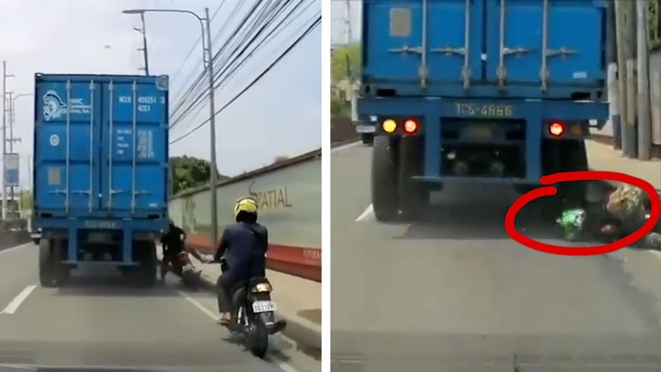 Lebensretter Helm : Rollerfahrer landet mit dem Kopf unter einem LKW-Reifen – ohne seinen Helm wäre er tot Lebensretter Helm : Rollerfahrer landet mit dem Kopf unter einem LKW-Reifen – ohne seinen Helm wäre er tot