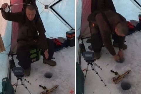 Fischer verliert die Rute beim Eisangeln