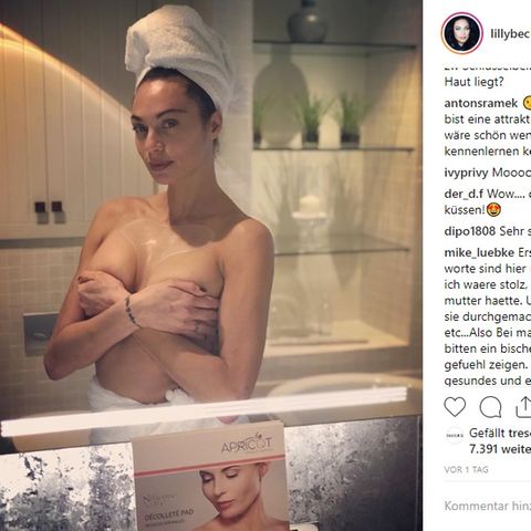 Lilly Becker verdeckt ihre Brüste und macht Werbung für Dekolleté-Pads