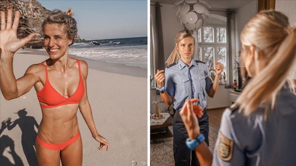 Eine Kombo zeigt eine blonde junge Frau: links im orange-roten Bikini, rechts in einer Polizeiuniform vor dem Spiegel
