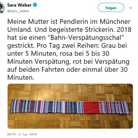 "Grau bei unter 5 Minuten": Pendlerin strickt Schal - als Muster dienen die Verspätungen der Bahn