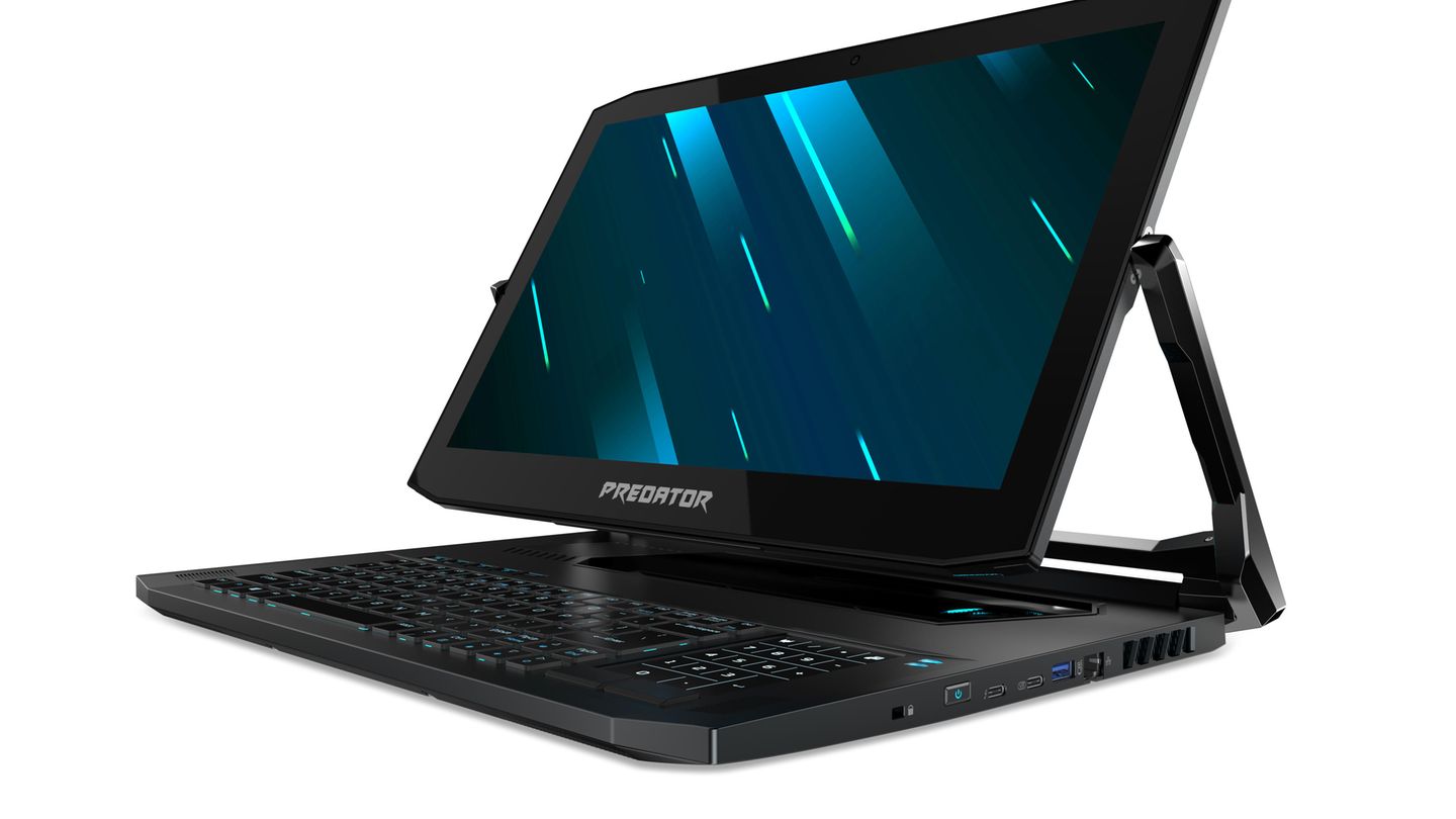 Technik-Messe: Und noch ein Gaming-Mutant Auch Acer setzt mit dem Predator Triton 900 auf Gaming-Power im ungewöhnlichen Gehäuse. Der Laptop mit dem Schwenkarm lässt sich dank des flexibel beweglichen 17,3-Zoll-Displays auch als Tablet benutzen. Auch hier kommt eine GForce 2080 zum Einsatz, die Zocker müssen sich aber mit einem i7-Prozessor begnügen. Preis und Erscheinungsdatum sind noch geheim. Technik-Messe: Und noch ein Gaming-Mutant Auch Acer setzt mit dem Predator Triton 900 auf Gaming-Power im ungewöhnlichen Gehäuse. Der Laptop mit dem Schwenkarm lässt sich dank des flexibel beweglichen 17,3-Zoll-Displays auch als Tablet benutzen. Auch hier kommt eine GForce 2080 zum Einsatz, die Zocker müssen sich aber mit einem i7-Prozessor begnügen. Preis und Erscheinungsdatum sind noch geheim.