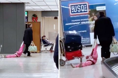 Witzig oder daneben?: Mann lässt sich nicht aus der Ruhe bringen – und schleift seine Tochter durch den Flughafen