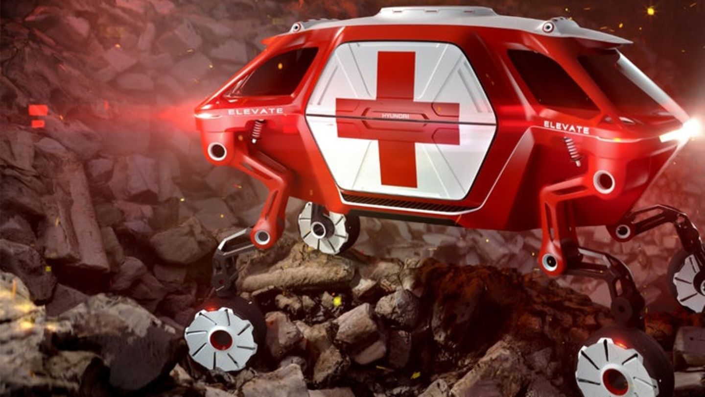 Super-Offroader: "Wenn ein Tsunami oder ein Erdbeben eintritt, können aktuelle Rettungsfahrzeuge Ersthelfer nur bis zum Rand des Schuttfeldes bringen", sagte John Suh, der Vizepräsident von Hyundai. "Sie müssen den Rest des Weges zu Fuß gehen. Elevate kann zum Einsatzort fahren und dort direkt über die angeschwemmten Trümmer einer Sturmflut oder über geborstene Betonelemente klettern." "Wenn ein Tsunami oder ein Erdbeben eintritt, können aktuelle Rettungsfahrzeuge Ersthelfer nur bis zum Rand des Schuttfeldes bringen", sagte John Suh, der Vizepräsident von Hyundai. "Sie müssen den Rest des Weges zu Fuß gehen. Elevate kann zum Einsatzort fahren und dort direkt über die angeschwemmten Trümmer einer Sturmflut oder über geborstene Betonelemente klettern."