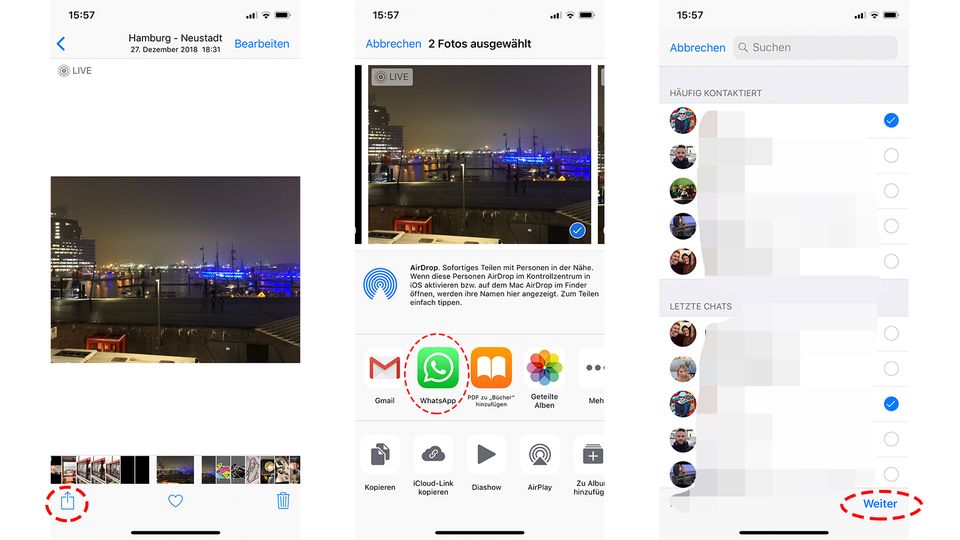 Smartphone-Sicherheit: Wählen Sie in der Foto-App das Bild, tippen Sie dann auf das "Teilen"-Symbol und das Whatsapp-Logo. Wenn Sie nun Kontakte auswählen und "Weiter" tippen, landet das Bild im Chat, auch wenn Whatsapp keinen Foto-Zugriff hat. Wählen Sie in der Foto-App das Bild, tippen Sie dann auf das "Teilen"-Symbol und das Whatsapp-Logo. Wenn Sie nun Kontakte auswählen und "Weiter" tippen, landet das Bild im Chat, auch wenn Whatsapp keinen Foto-Zugriff hat.