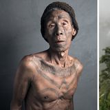 Ein Mann mit seinen Tattoos und eine alte Tätowiererin