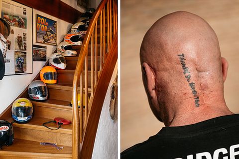 Die furchterregendste von Mr. Hayabusas Narben findet sich auf der Rückseite seines kurz rasierten Schädels. "Thanx Dr. Martin Theis" läuft ein Tattoo die Narbe entlang – in Dankbarkeit für sein Leben.