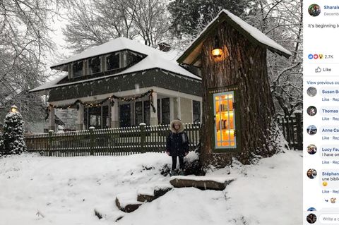 Frau steht vor Baumstumpf