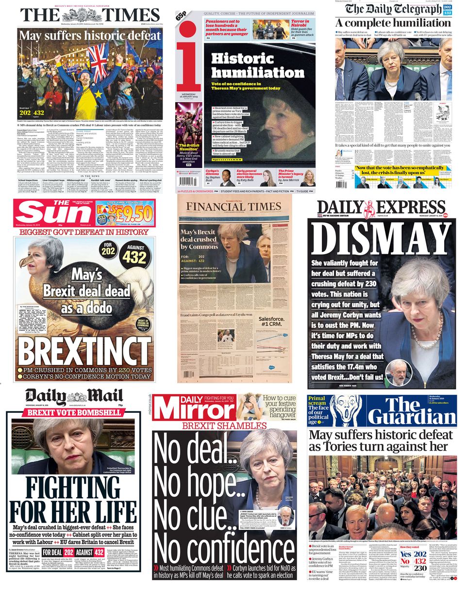 Titelseiten aus Großbritannien zum geplatzten Brexit-Deal von Theresa May