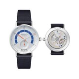 Kategorie Bis 5000 Euro      Gewinner: Autobahn Neomatik 41 Datum von Nomos  Den frischen Look dieser Uhr schuf der renommierte Produktgestalter Werner Aisslinger – mit einem kurvigen Zifferblatt, dessen Tacho-Halbkreis im Dunkeln leuchtet, und Orange-Akzenten.  Das sagt die Jury: "Eigenes Uhrwerk, aufwändiges Rehaut in Zifferblatt und auf der Sekunde, dabei entschieden sportlich und frisch. Das Modell rast an der Leitplanke zwischen funktionaler Uhr und grafischem Kunstwerk entlang."  Basisdaten (Auszug): Edelstahl (Gehäuse), 41mm Durchmesser, wasserdicht bis 100m, 42 Stunden Gangreserve.   Preis: circa 3800 Euro.