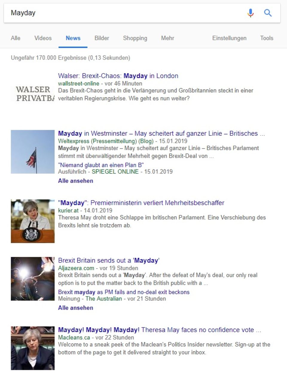 Die "Mayday"-Meldungen bei Google News