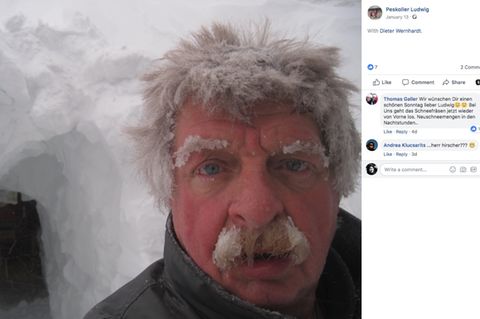 Ludwig Peskoller mit gefrorenem Schnurrbart und Haar