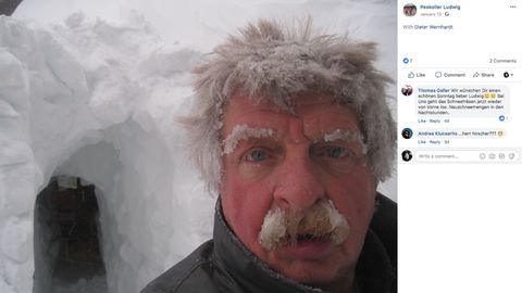 Ludwig Peskoller mit gefrorenem Schnurrbart und Haar
