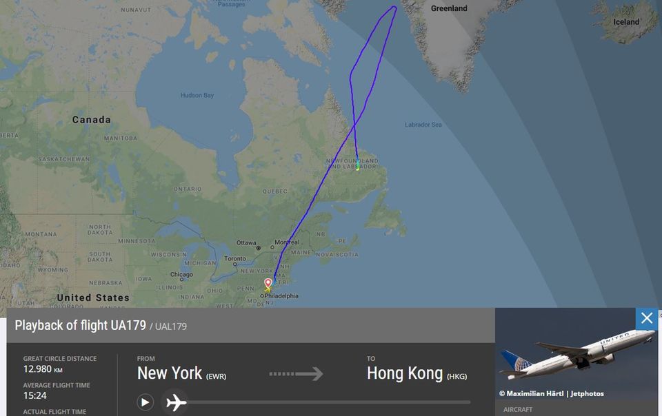 Statt nach Hongkong ging es für United-Airlines-Flug 179 nur nach Goose Bay in Kanada United-Airlines-Flug 179