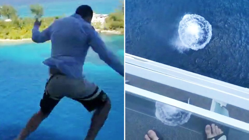 Tourist springt vom Kreuzfahrtschiff, um seine Freunde zu beeindrucken