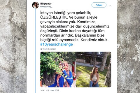 Eine junge Frau twittert ein Foto von sich vor zehn Jahren mit Kopftuch – und heute ohne Kopftuch